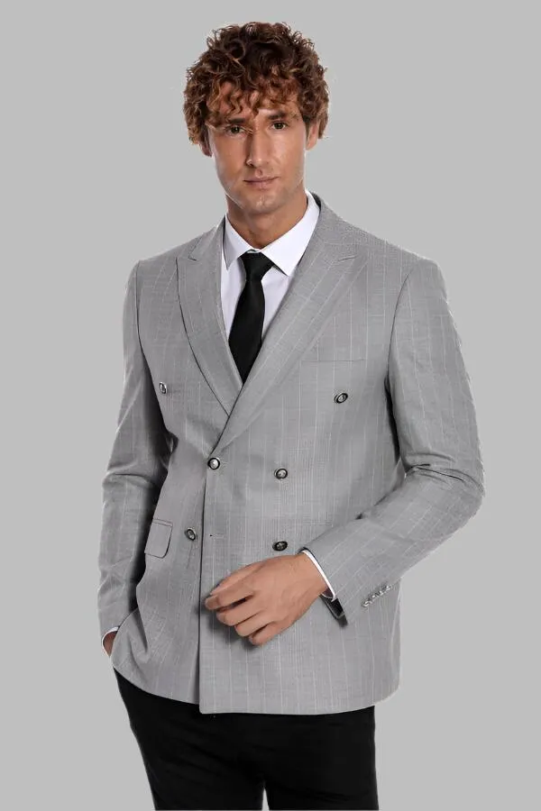 Double Breasted Slim Fit Striped Grey Men Blazer - Wessi