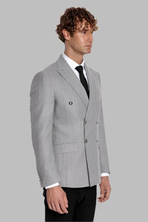 Double Breasted Slim Fit Striped Grey Men Blazer - Wessi