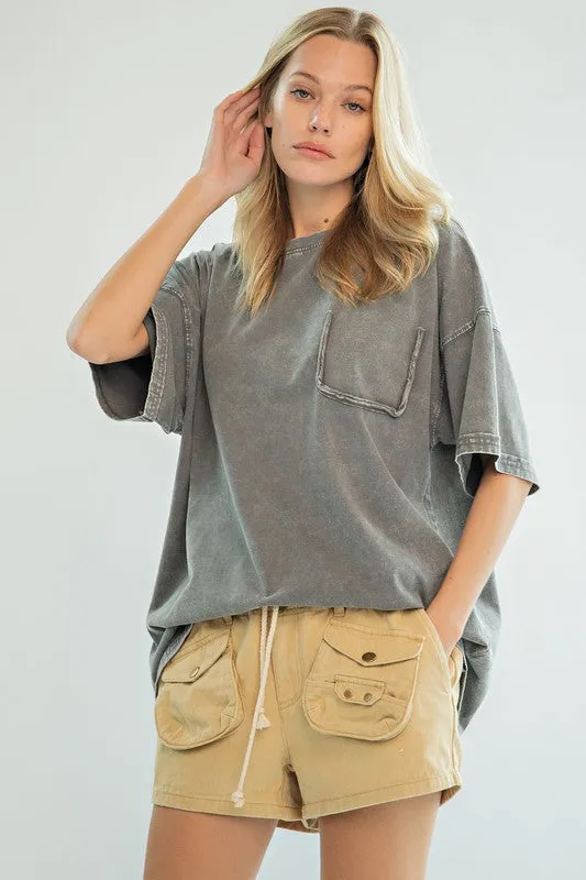 Easel Short Sleeve Mineral Wash Tunic Top in Ash