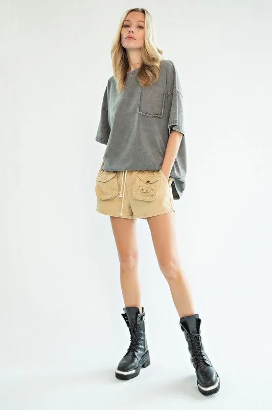 Easel Short Sleeve Mineral Wash Tunic Top in Ash