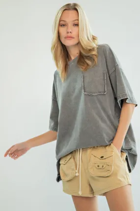 Easel Short Sleeve Mineral Wash Tunic Top in Ash