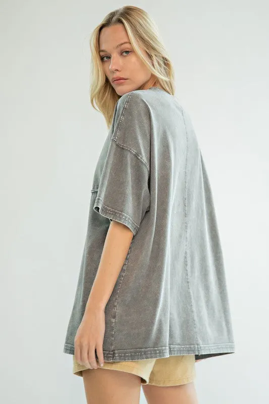 Easel Short Sleeve Mineral Wash Tunic Top in Ash