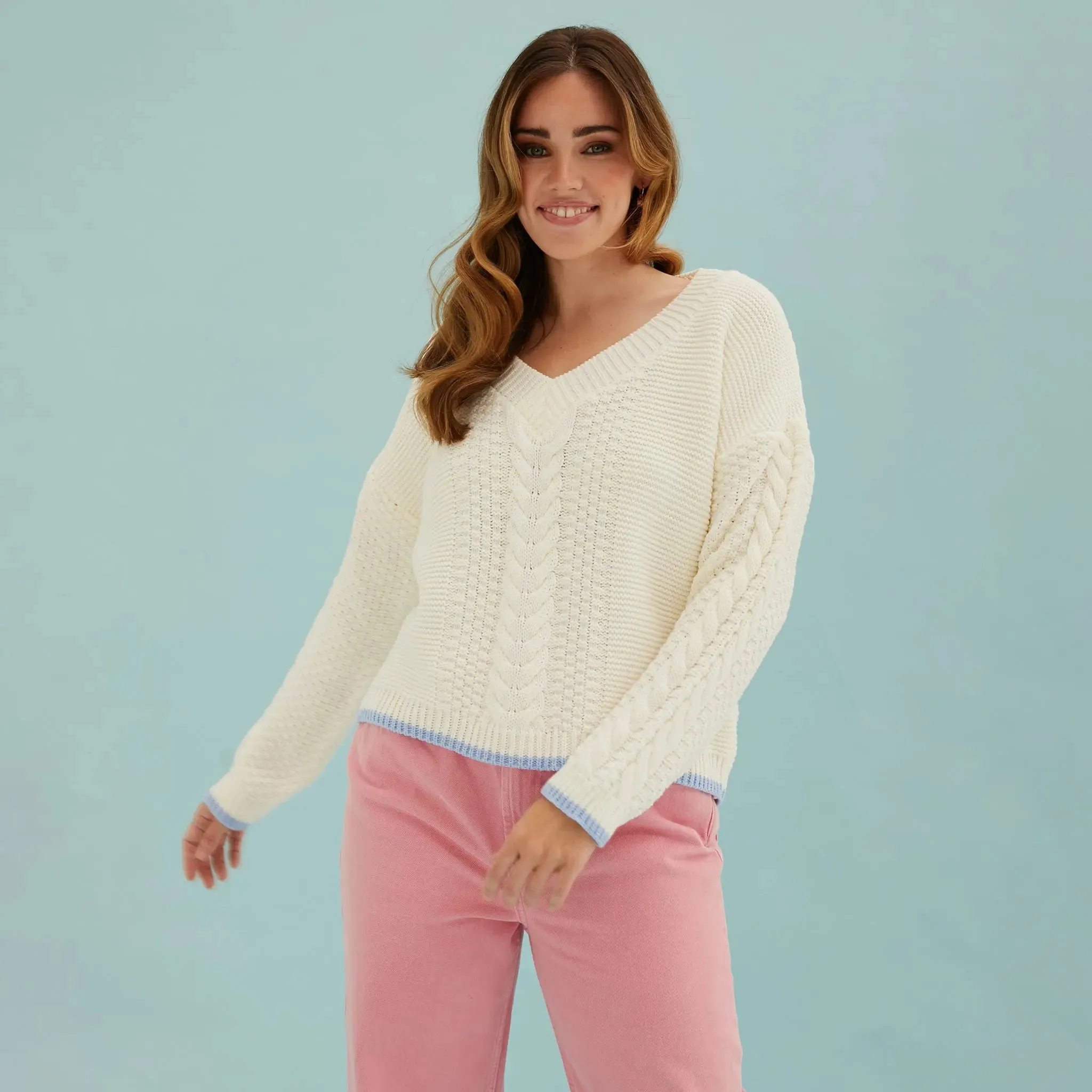 Emma v Neck Cable Knit Jumper - White