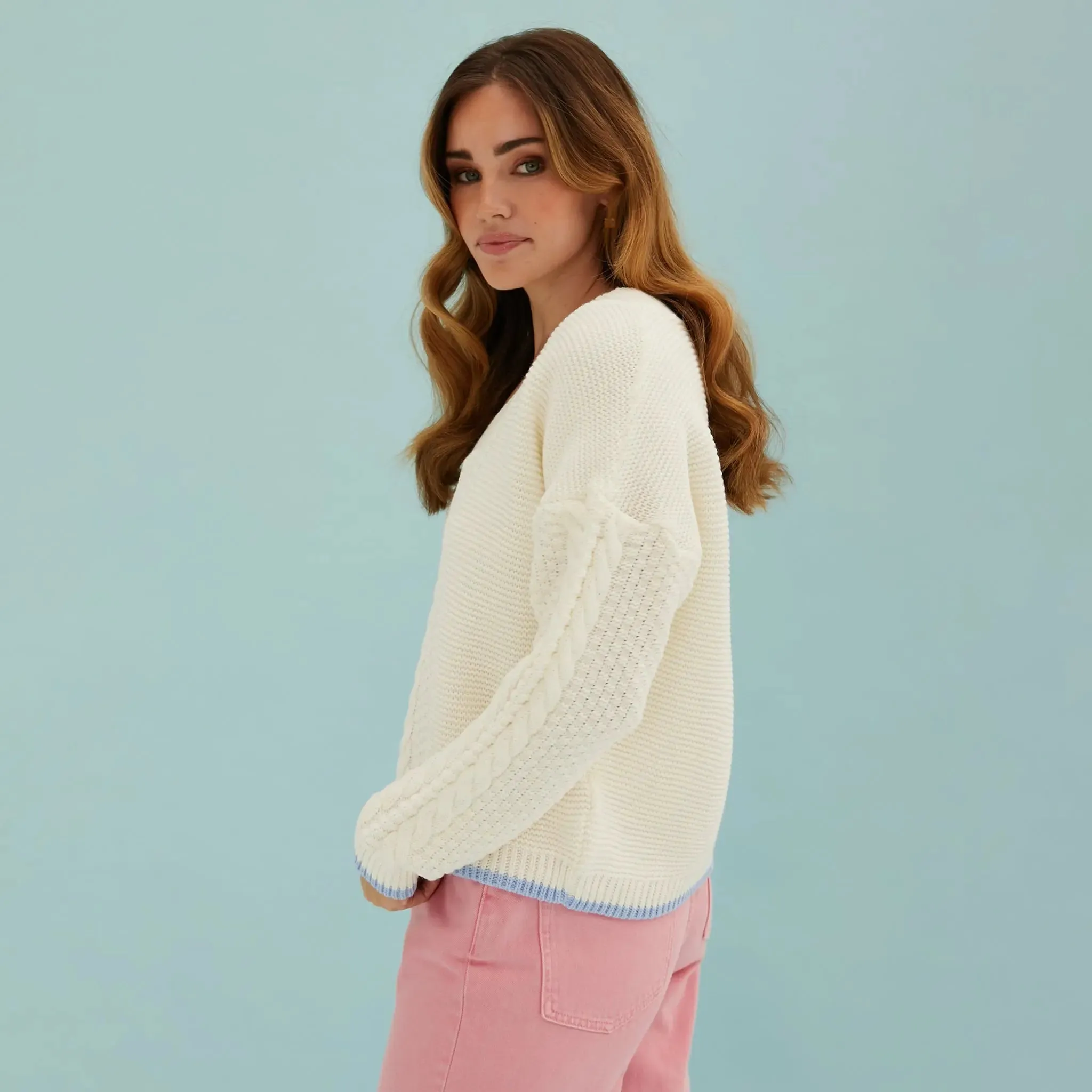 Emma v Neck Cable Knit Jumper - White