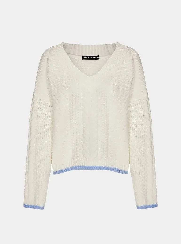 Emma v Neck Cable Knit Jumper - White