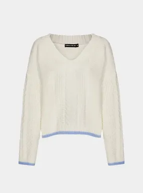 Emma v Neck Cable Knit Jumper - White