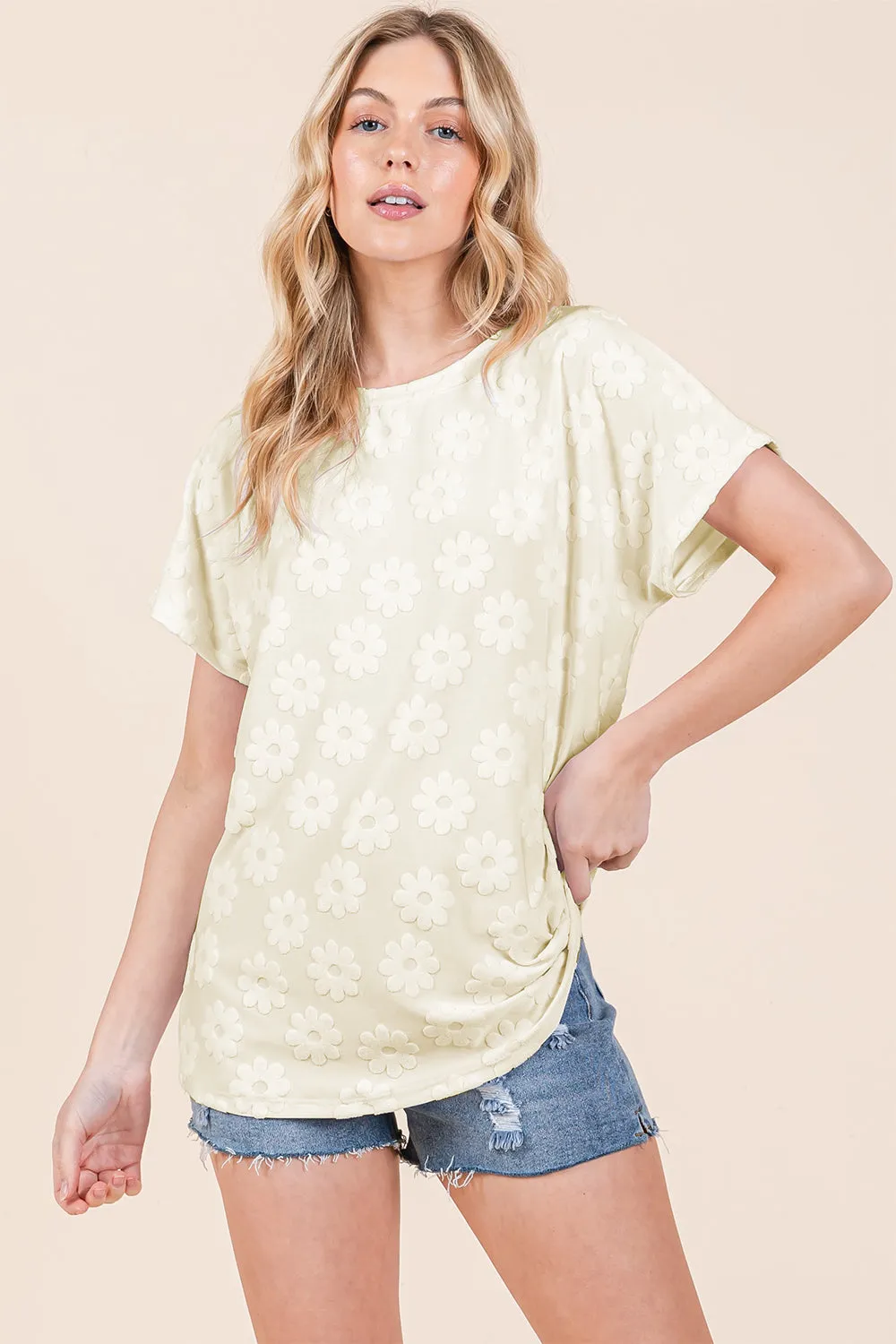 Explore More Collection - BOMBOM Textured Floral Pattern Short Sleeve T-Shirt