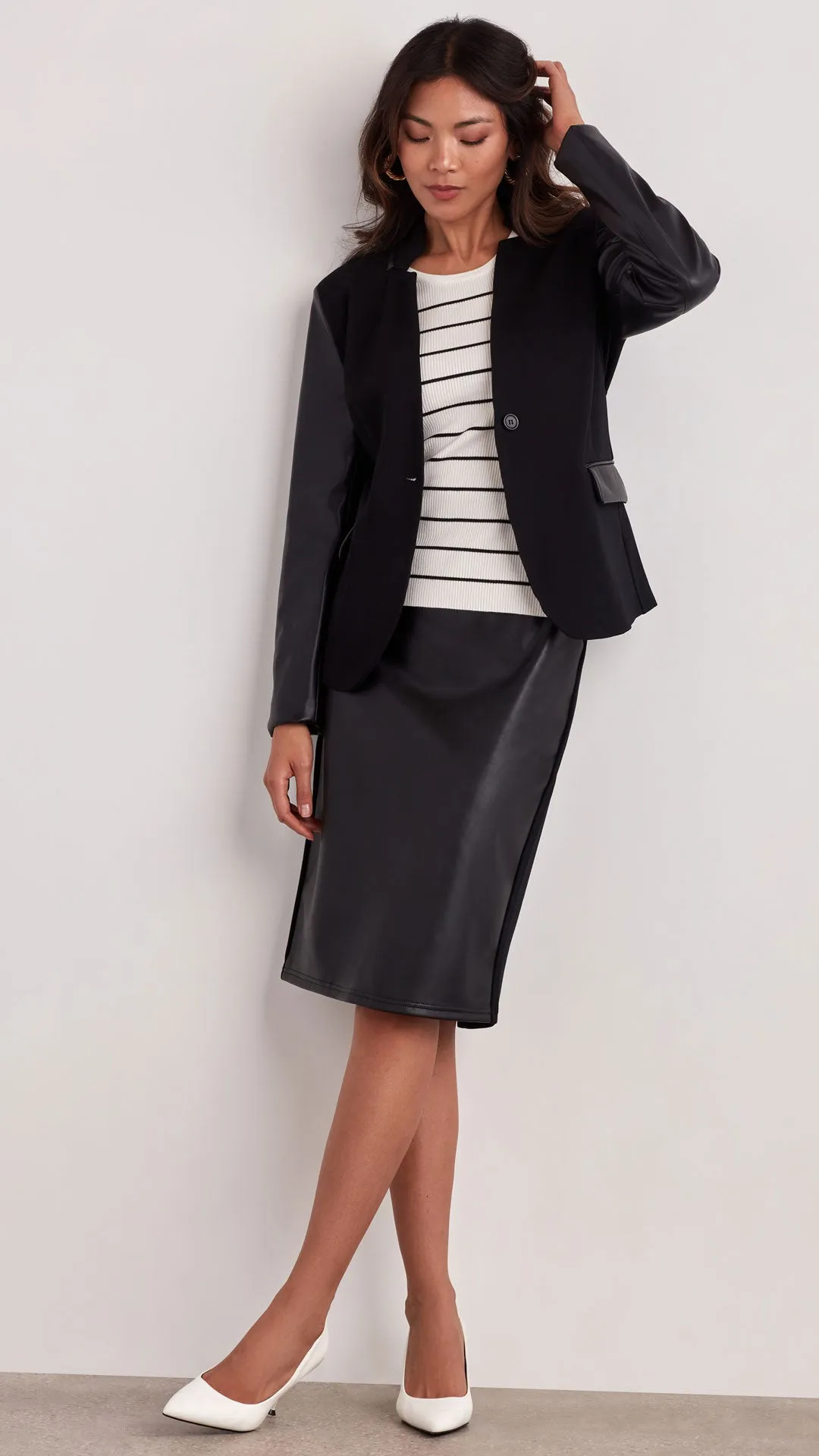 FAUX LEATHER MIXED MEDIA BLAZER