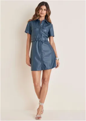 Faux Leather Shirt Dress - Vintage Indigo