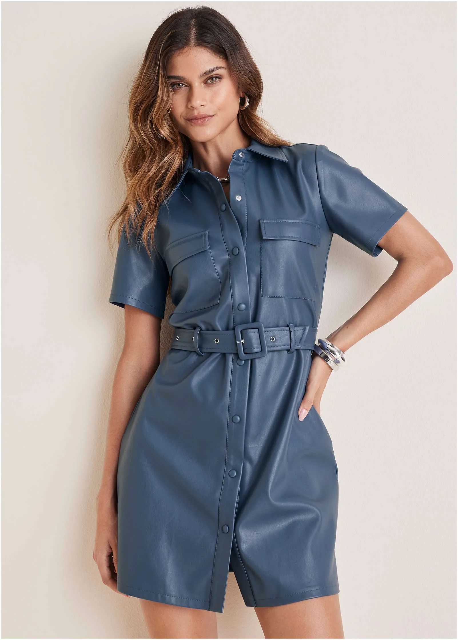 Faux Leather Shirt Dress - Vintage Indigo