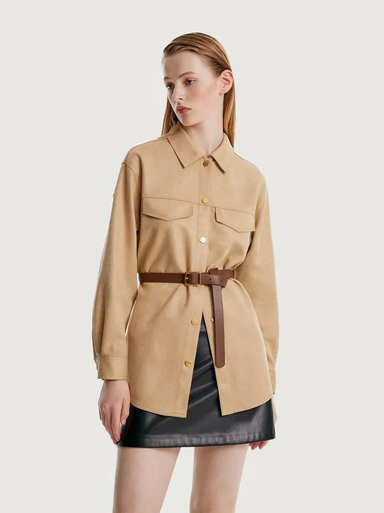 Faux Suede Women Jacket With Leather Belt