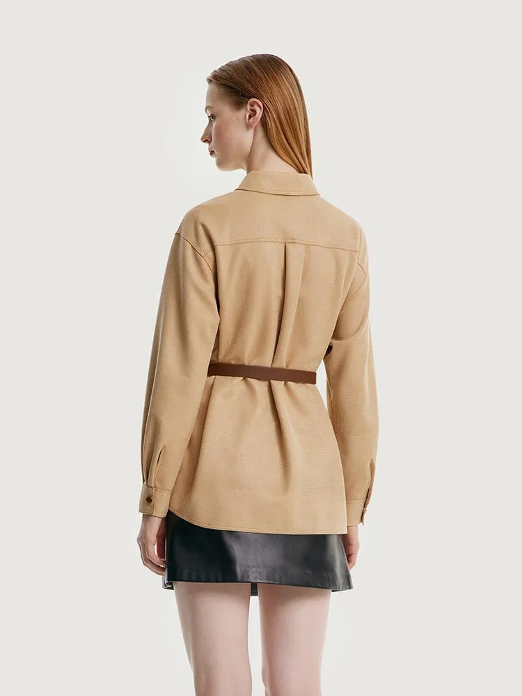 Faux Suede Women Jacket With Leather Belt