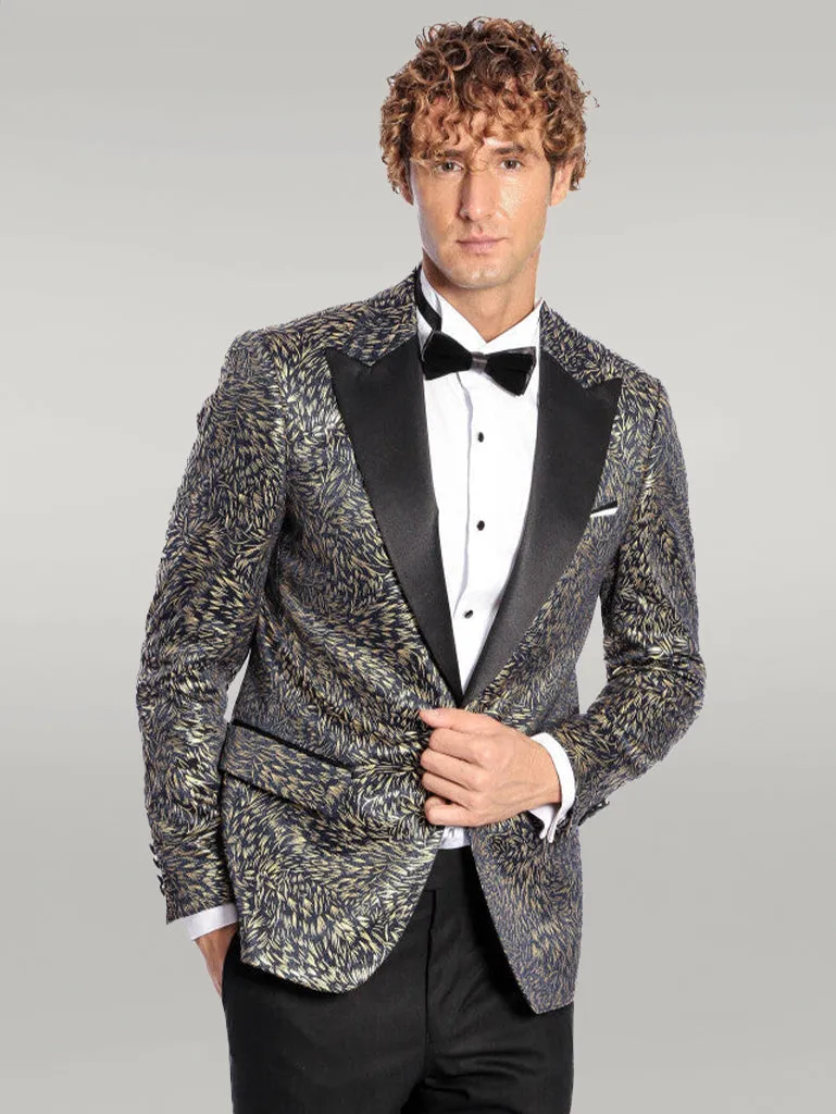 Feather Patterned Slim Fit Navy Blue Men Dinner Jacket - Wessi