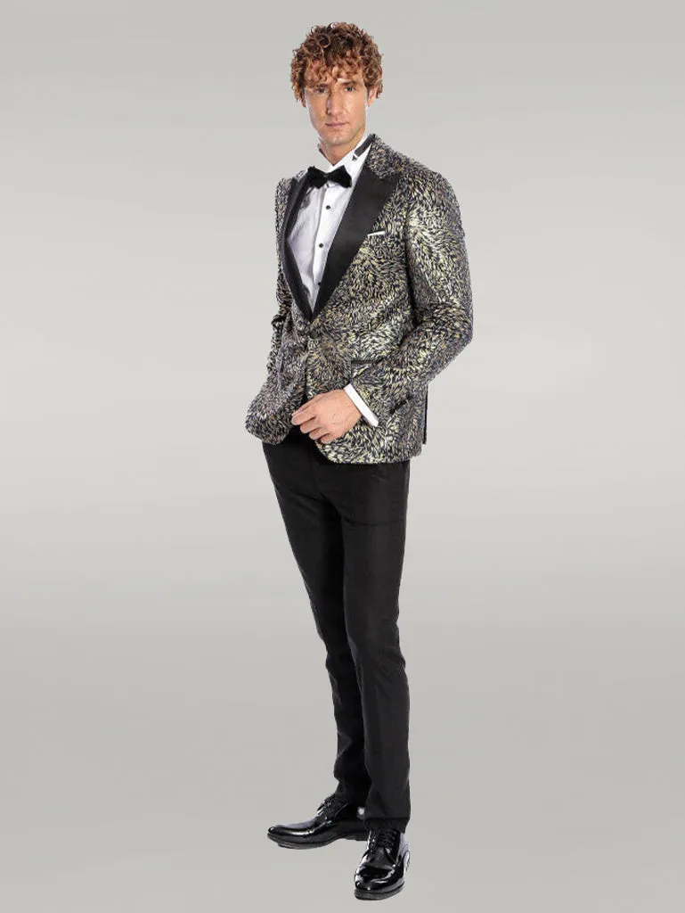 Feather Patterned Slim Fit Navy Blue Men Dinner Jacket - Wessi