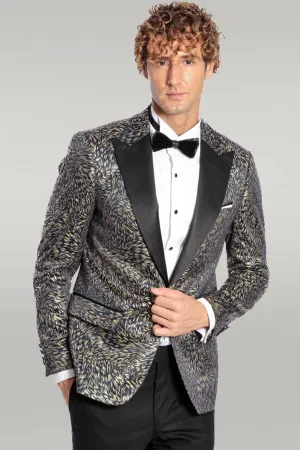 Feather Patterned Slim Fit Navy Blue Men Dinner Jacket - Wessi