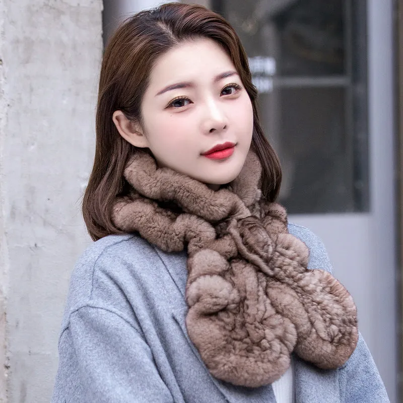 Female Autumn and Winter Elegant Ruffle Scarf Double sided Rex Rabbit Hair Weaving Temperament Neck