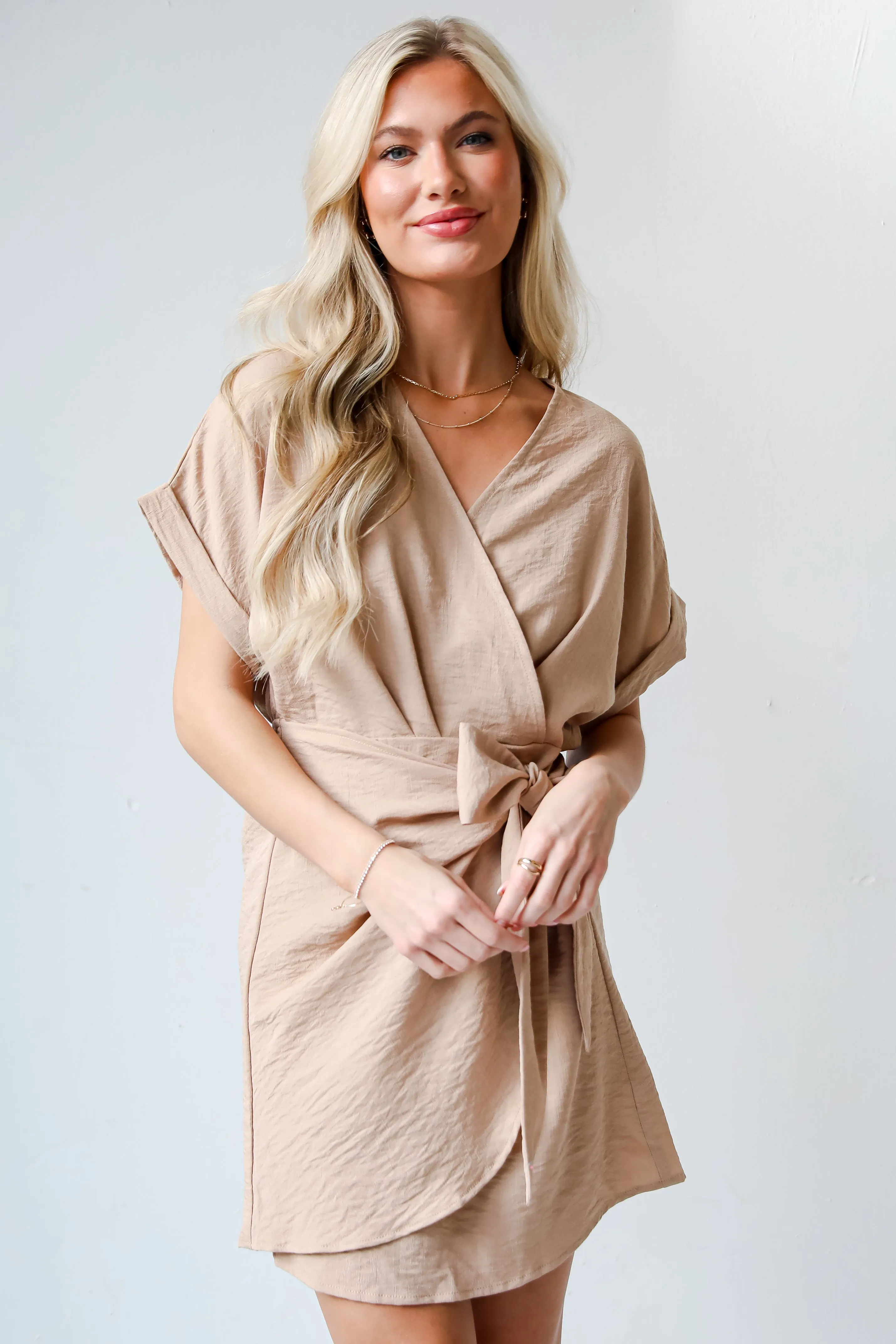 FINAL SALE - Fun And Flirty Camel Wrap Mini Dress - DU DEAL