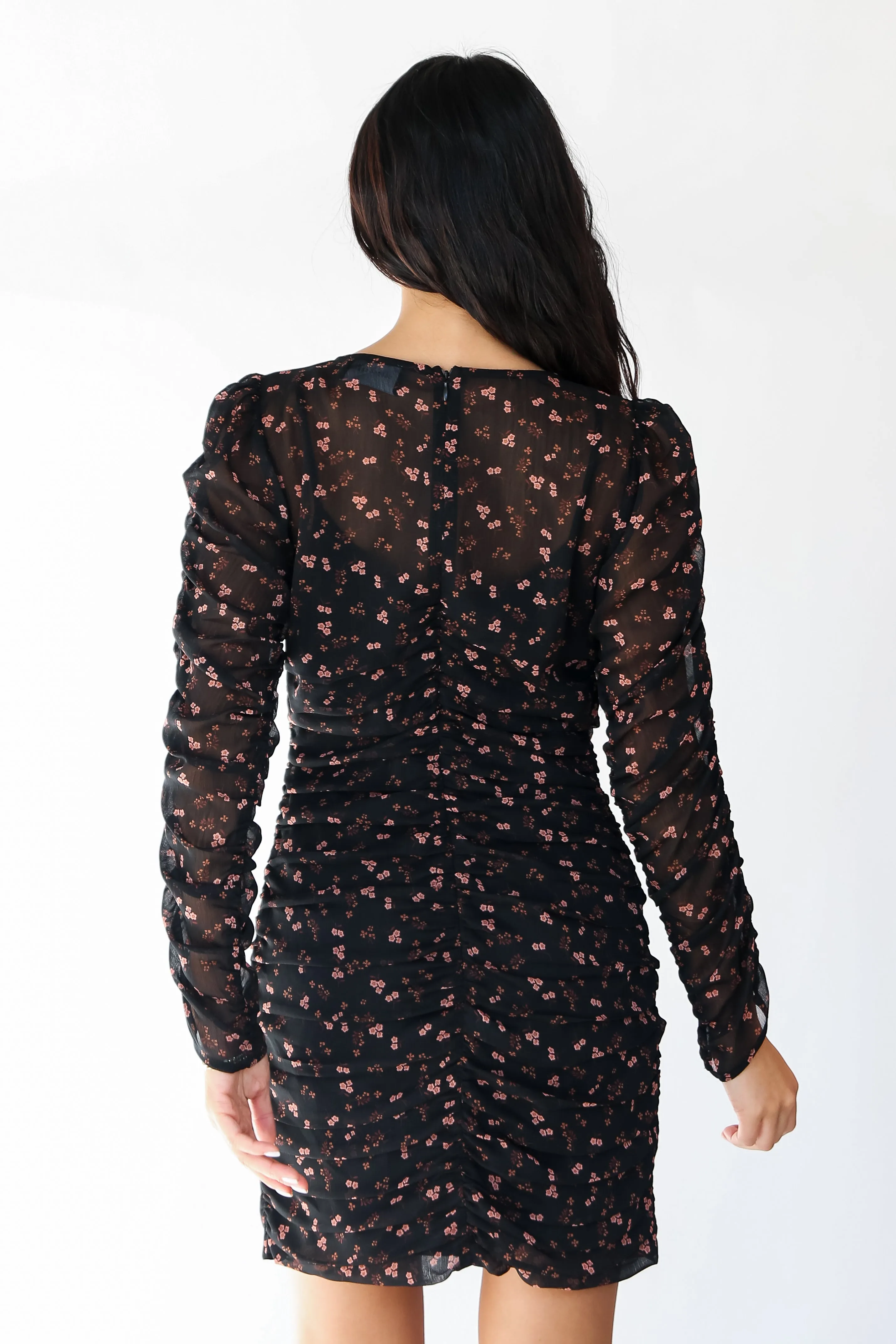 FINAL SALE - Oh So Lovely Black Floral Ruched Mini Dress