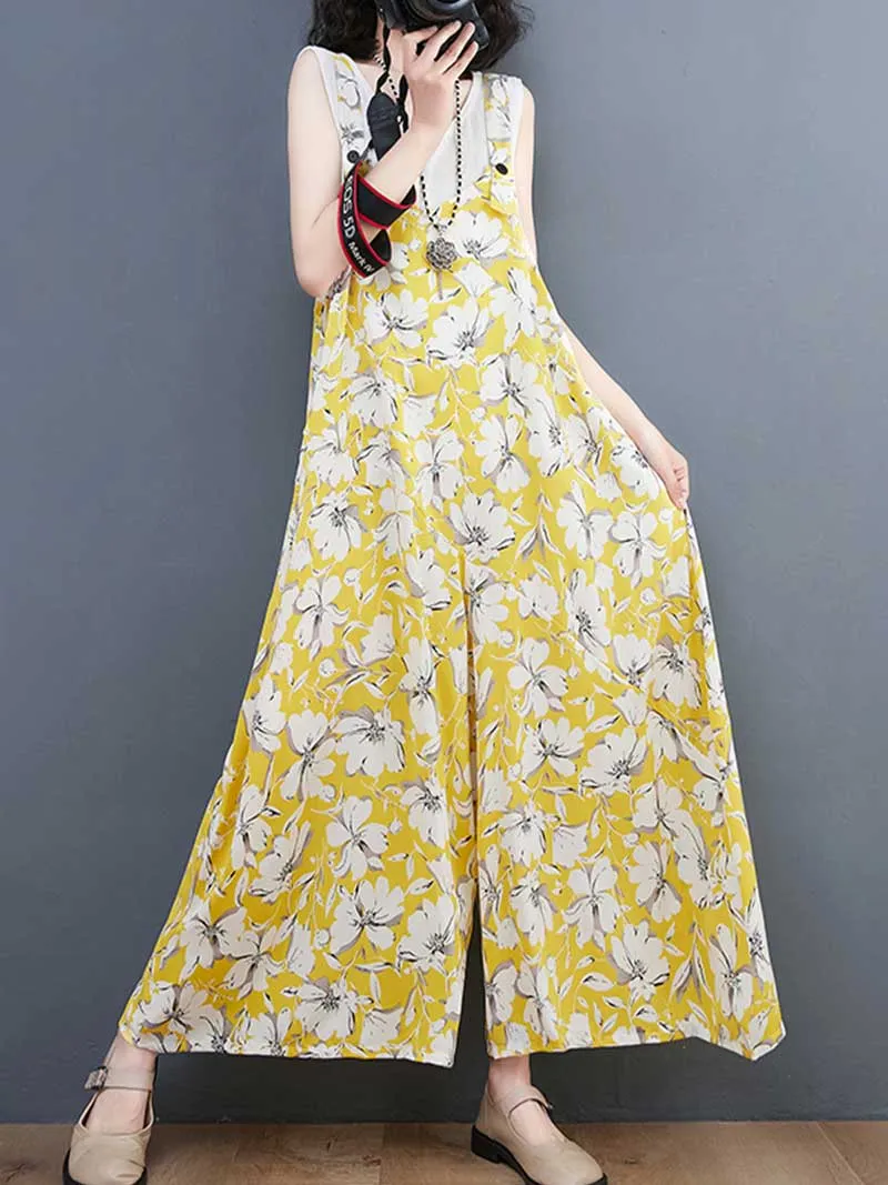 Floral Print Cotton Wide-Leg Overall Jumpsuit