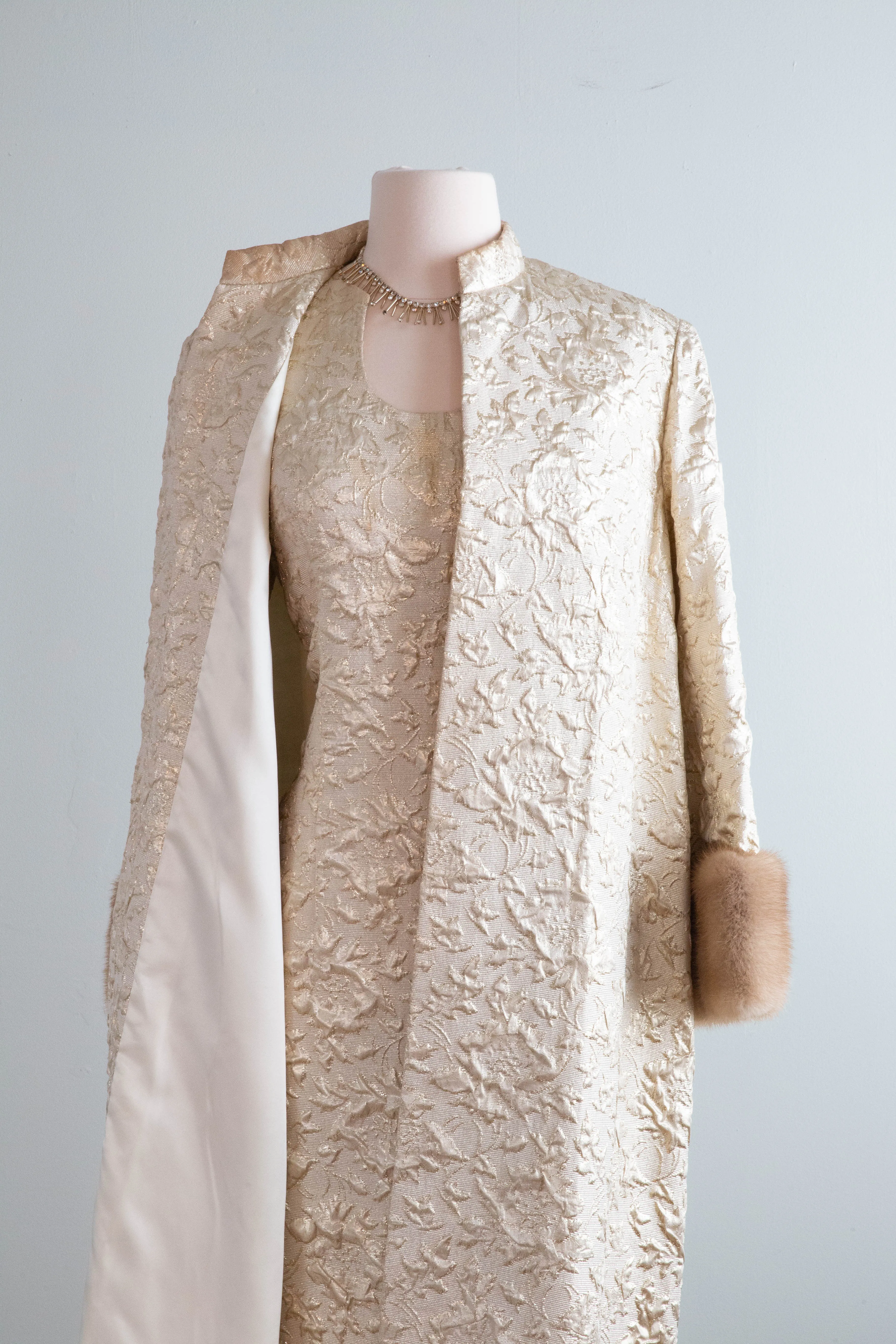 *Florence Sisman Collection* 1960's Metallic Gold Brocade Cocktail Dress With Coat / ML