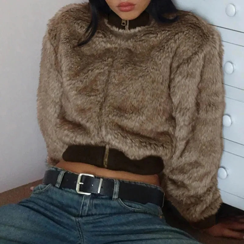 Fluffy Maillard Brown Faux Fur Jacket Women Autumn Winter Warm Crop Zip-Up Coat Outwear Vintage Jackets Fashion Coats