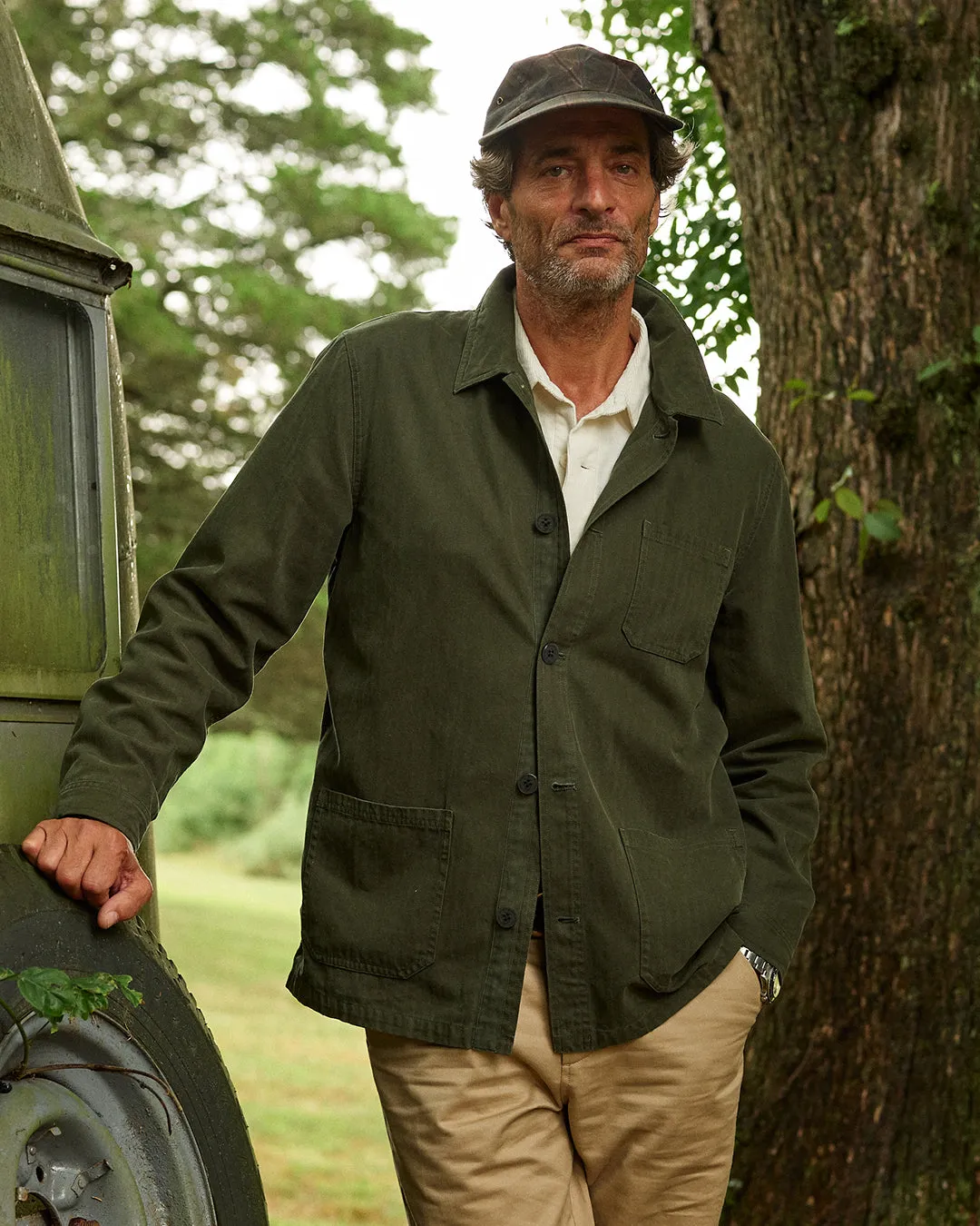 French Workman’s Jacket in Parks Department Green Herringbone