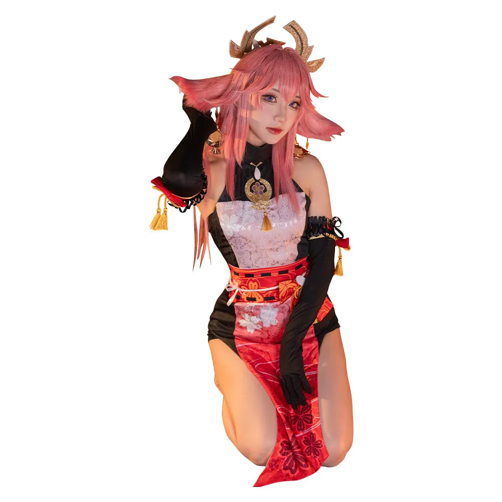 Genshin Impact Yae Miko Women Red Cheongsam Party Carnival Halloween Cosplay Costume