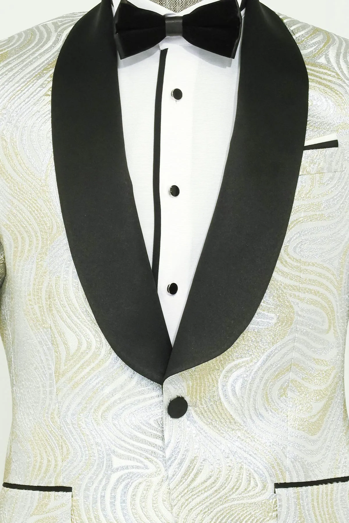 Gold Patterned Over White Men Tuxedo Blazer - Wessi