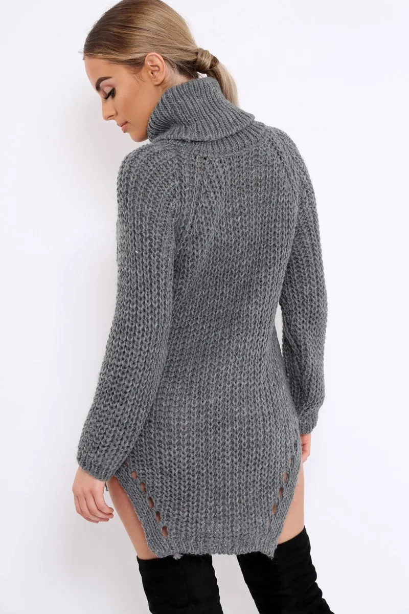 Grey Chunky Knit Roll Neck Cut Out Hem Jumper Dress - Catalina