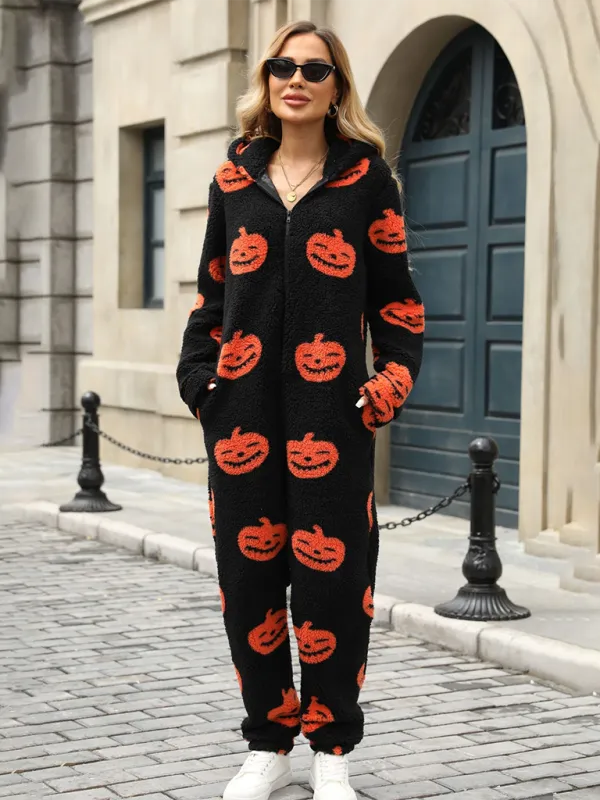 Halloween Pumpkin Print Zip Up Jumpsuit