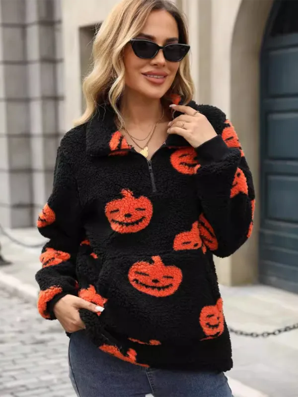 Halloween Pumpkin Print Zip Up Jumpsuit