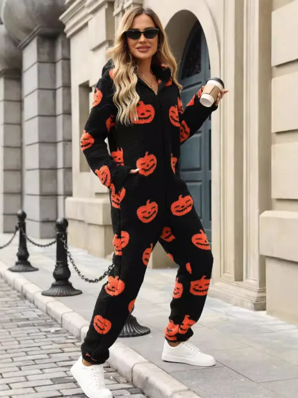 Halloween Pumpkin Print Zip Up Jumpsuit