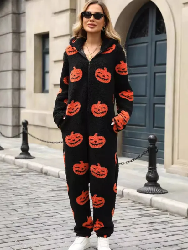 Halloween Pumpkin Print Zip Up Jumpsuit