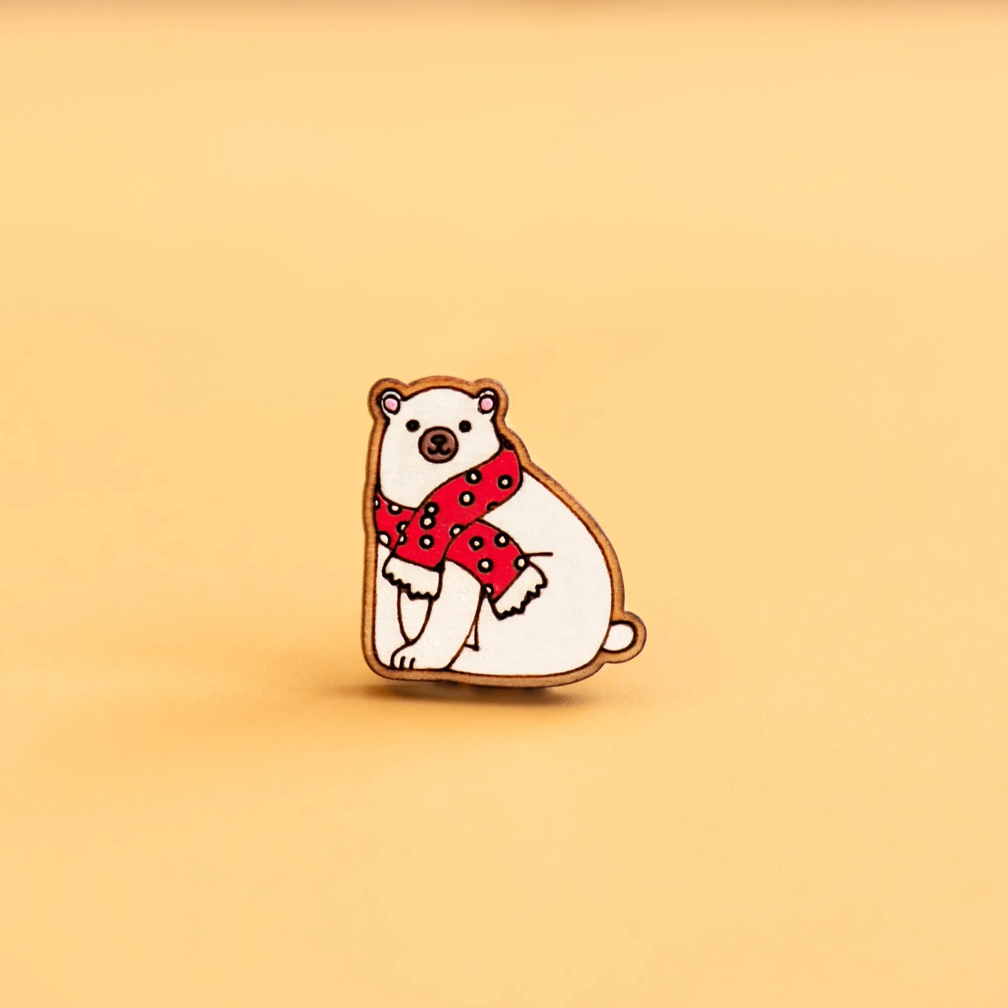 Hand-painted Polar Bear with Red Scarf Christmas Cherry Wood Pin Badge - PL40265