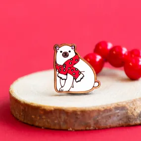 Hand-painted Polar Bear with Red Scarf Christmas Cherry Wood Pin Badge - PL40265