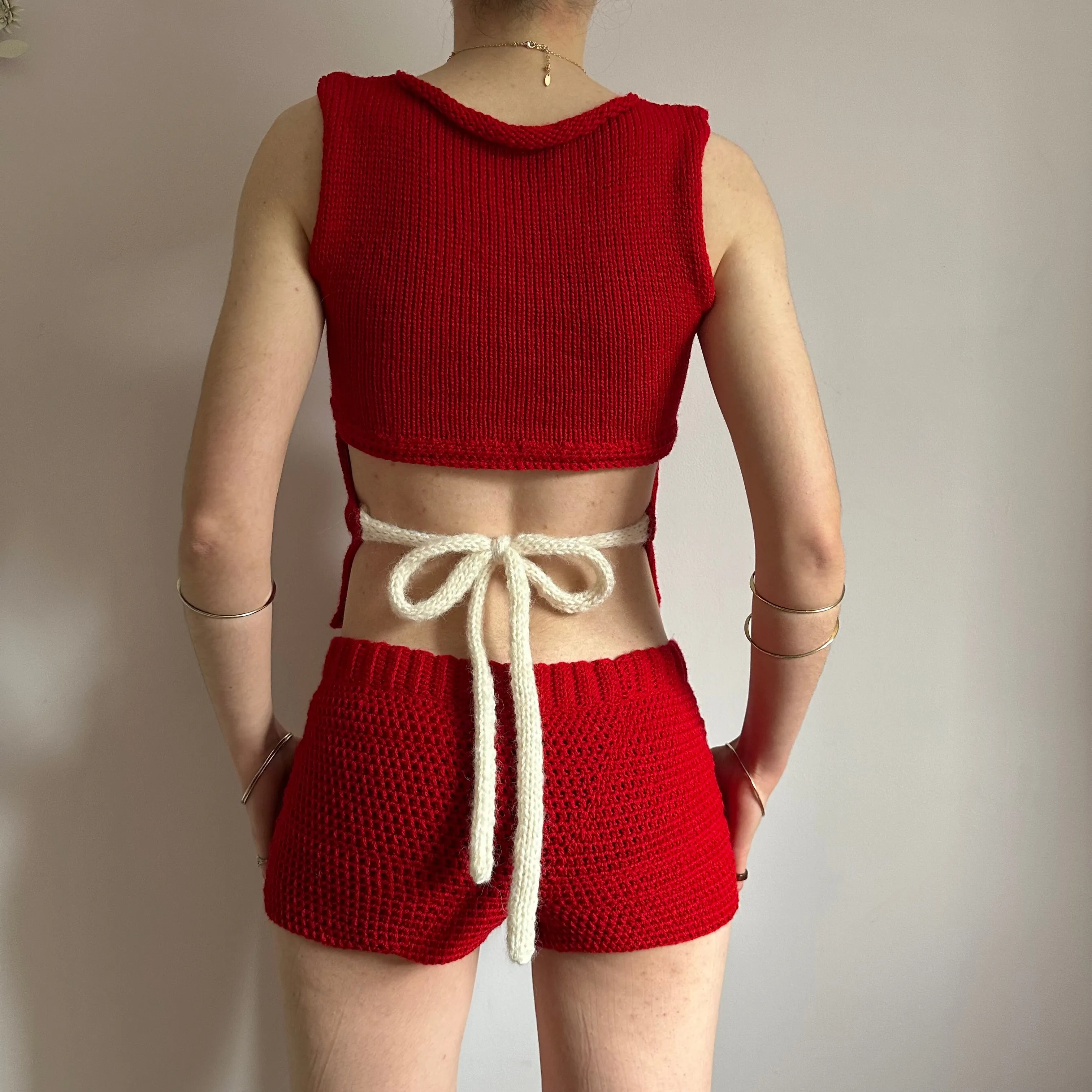 Handmade dark red bow tie up knitted tank top