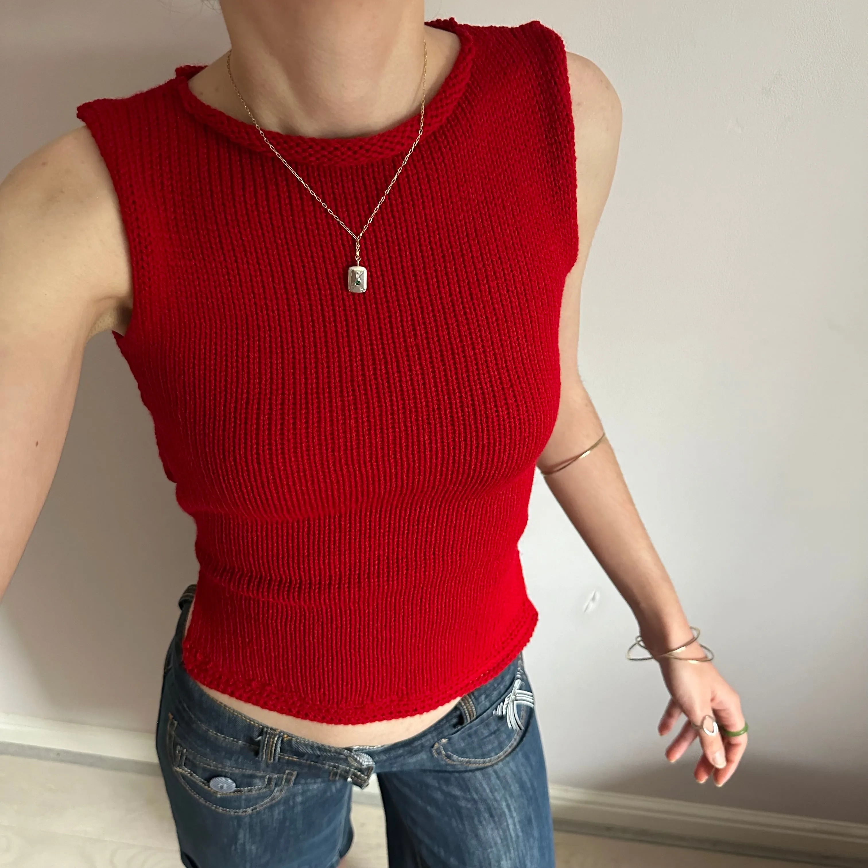 Handmade dark red bow tie up knitted tank top