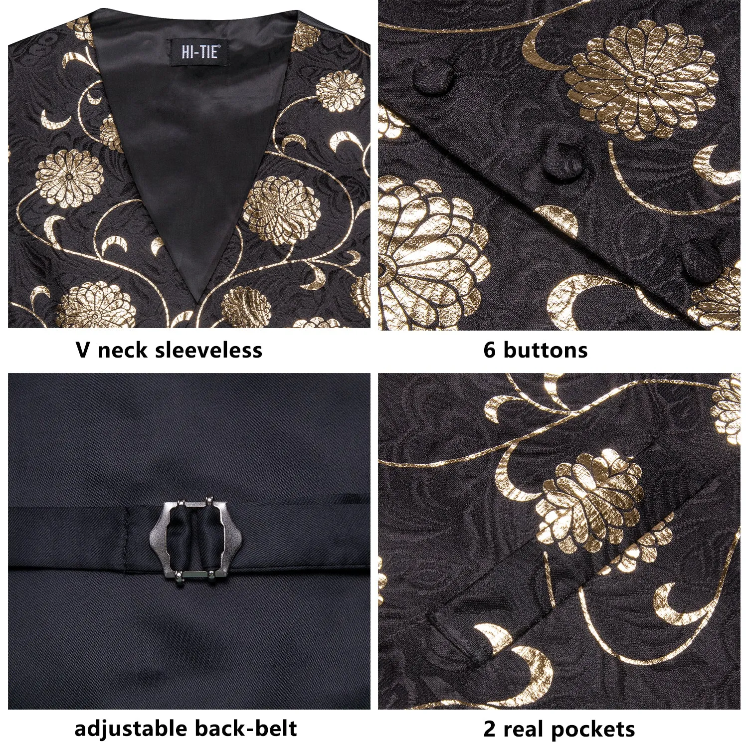 Hi-Tie Black Champagne Floral Mens V-Neck Vest Hanky Cufflinks Tie Set