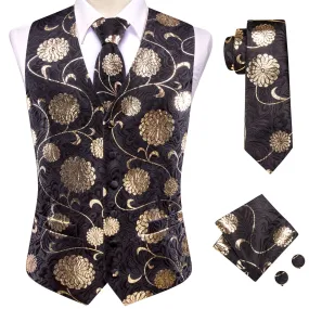 Hi-Tie Black Champagne Floral Mens V-Neck Vest Hanky Cufflinks Tie Set