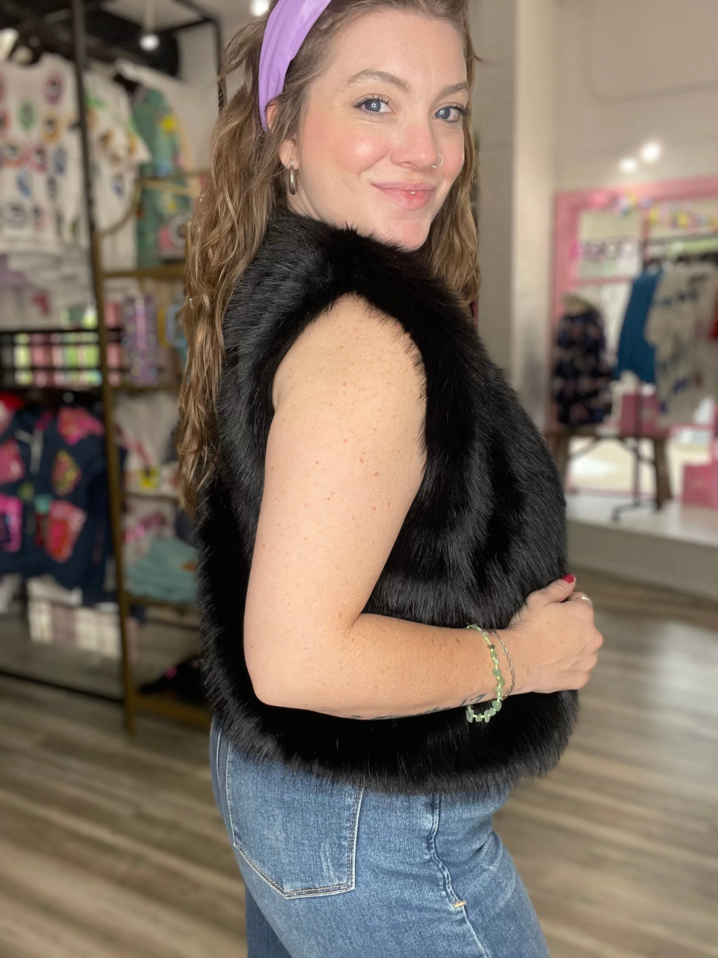 Impressive Night Out Faux Fur Vest Black