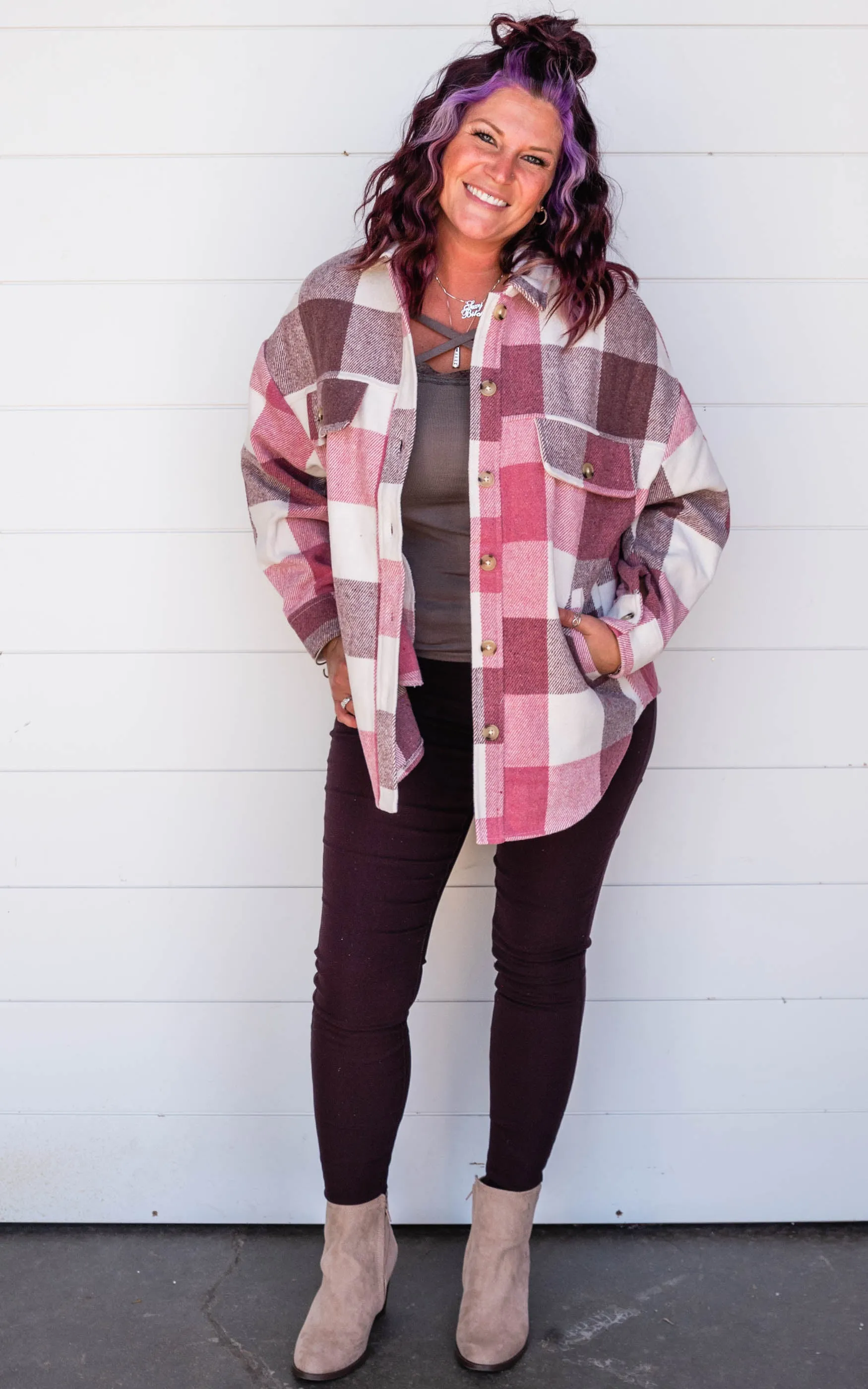 Ivory/Mauve/Purple Plaid Shacket | FINAL SALE