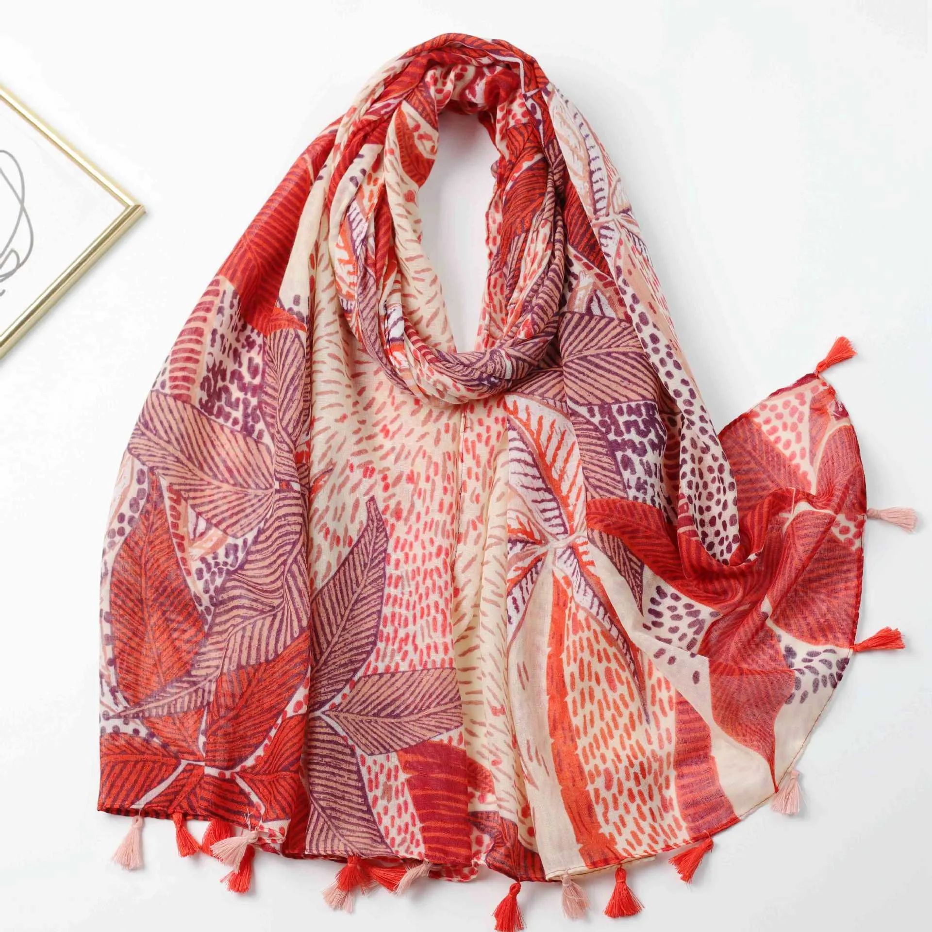 JY240621   Red palm leaf print scarf