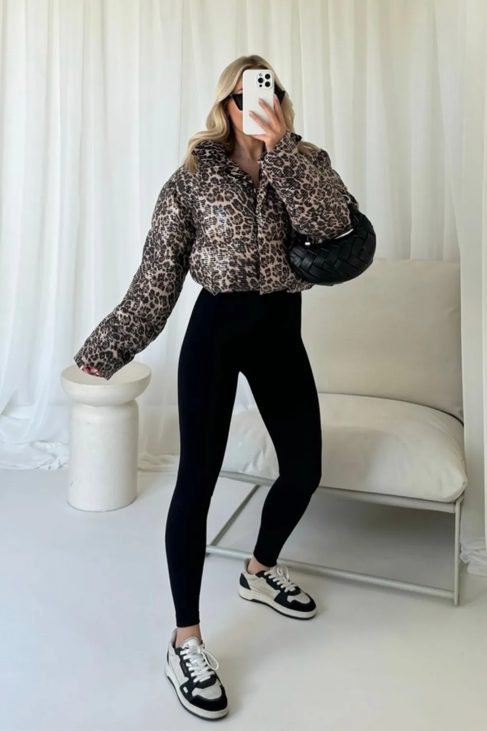 Kelly brown leopard sequin puffer coat