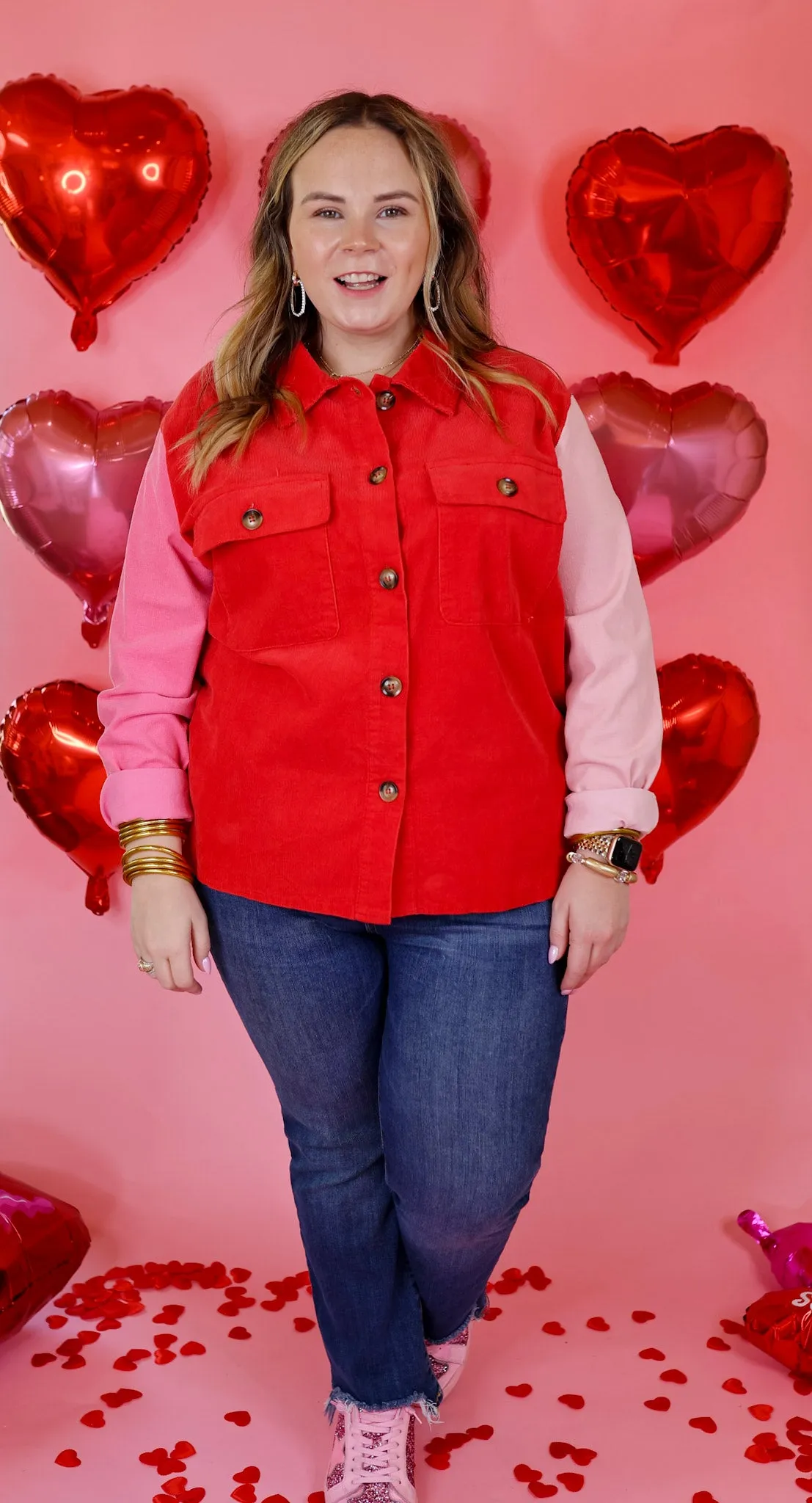 Kind Smiles Button Up Corduroy Color Block Shacket in Red and Pink