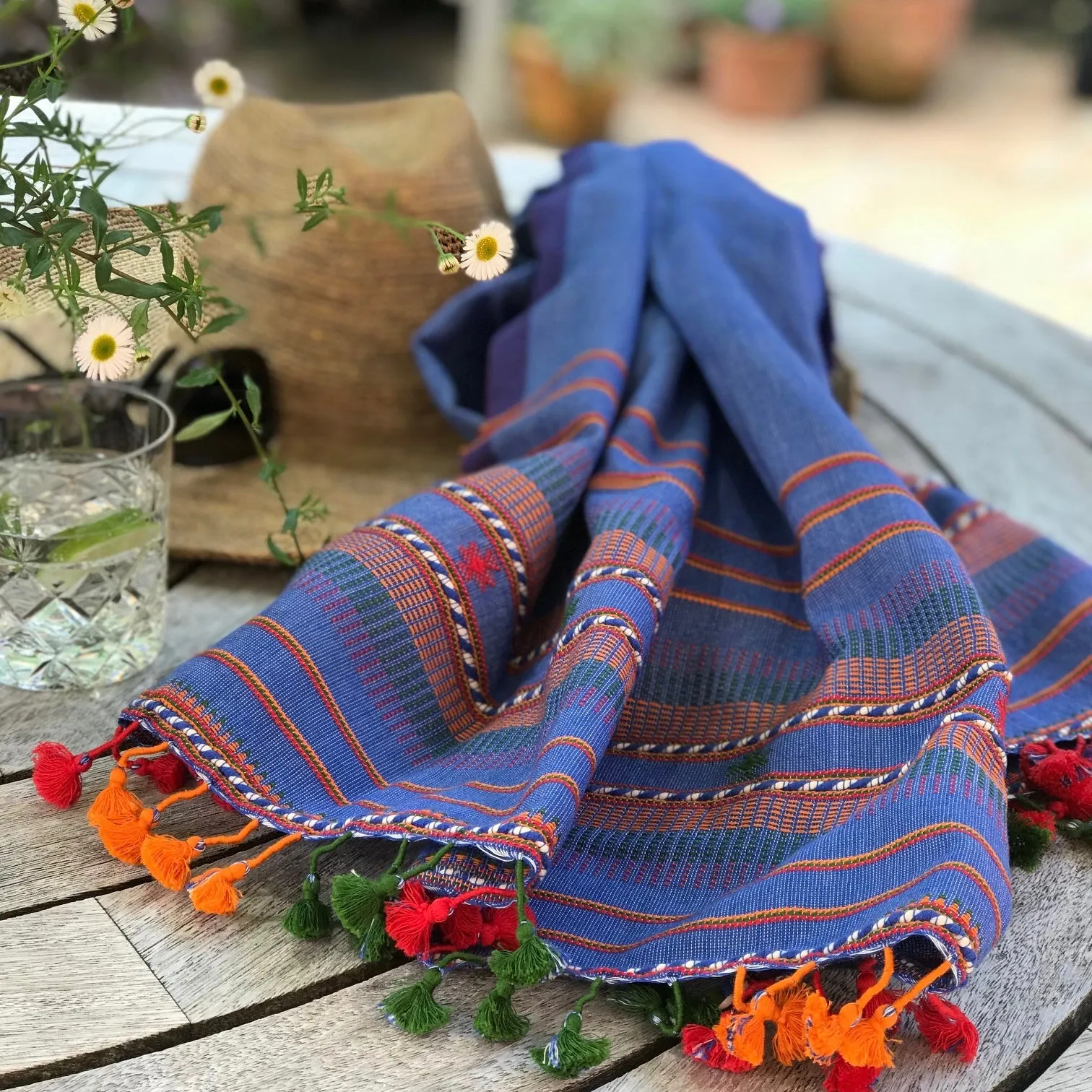 Lalji - Hand Woven Cotton Scarf - With Pom-Poms