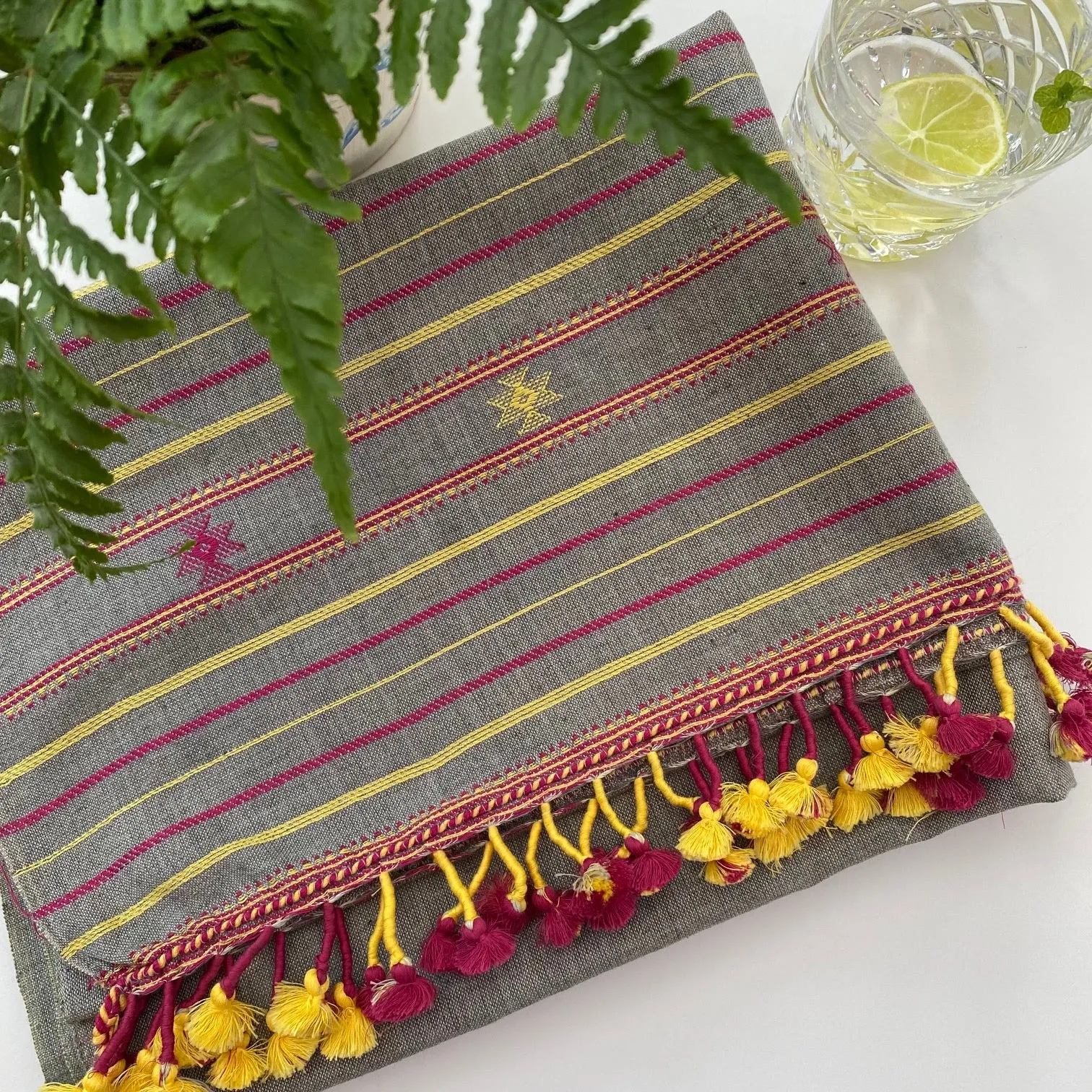 Lalji - Hand Woven Cotton Scarf - With Pom-Poms