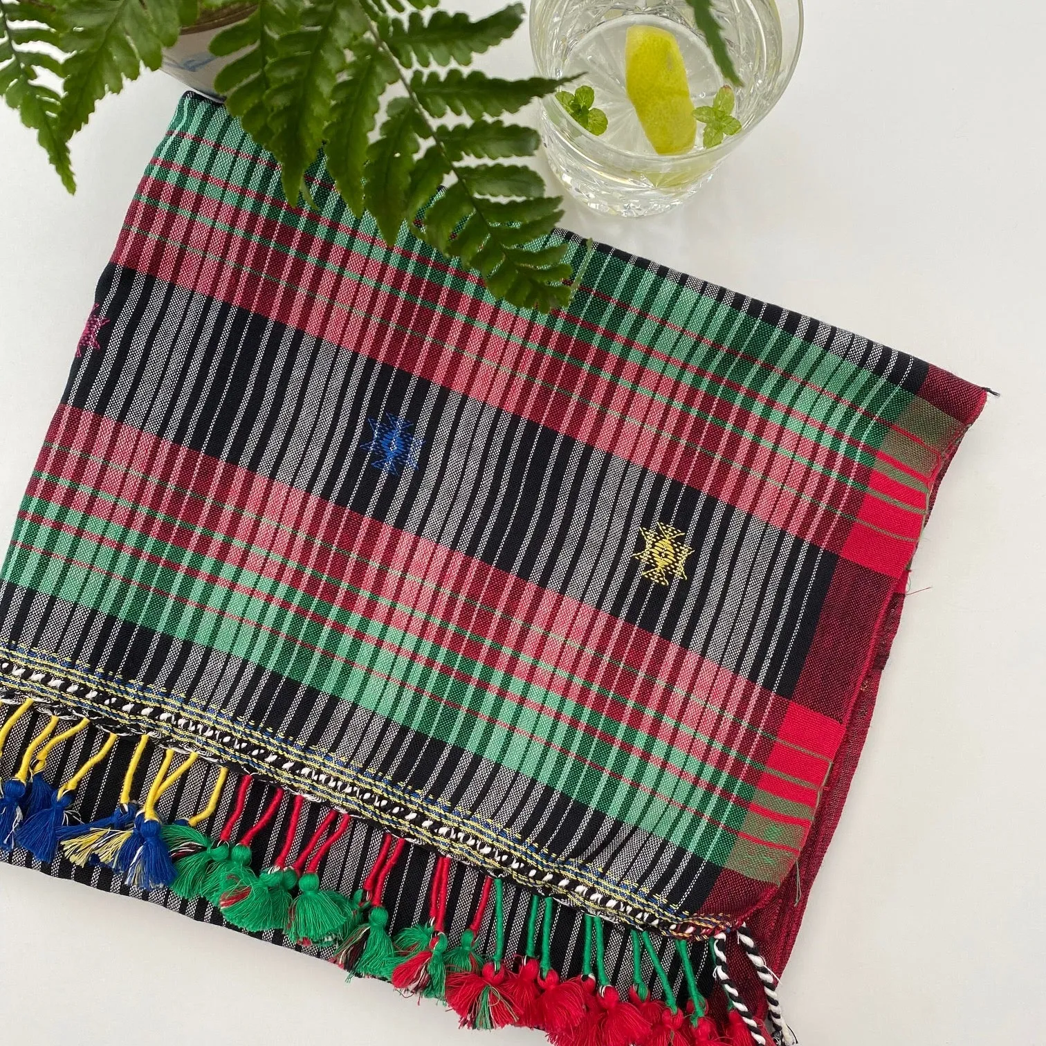 Lalji - Hand Woven Cotton Scarf - With Pom-Poms