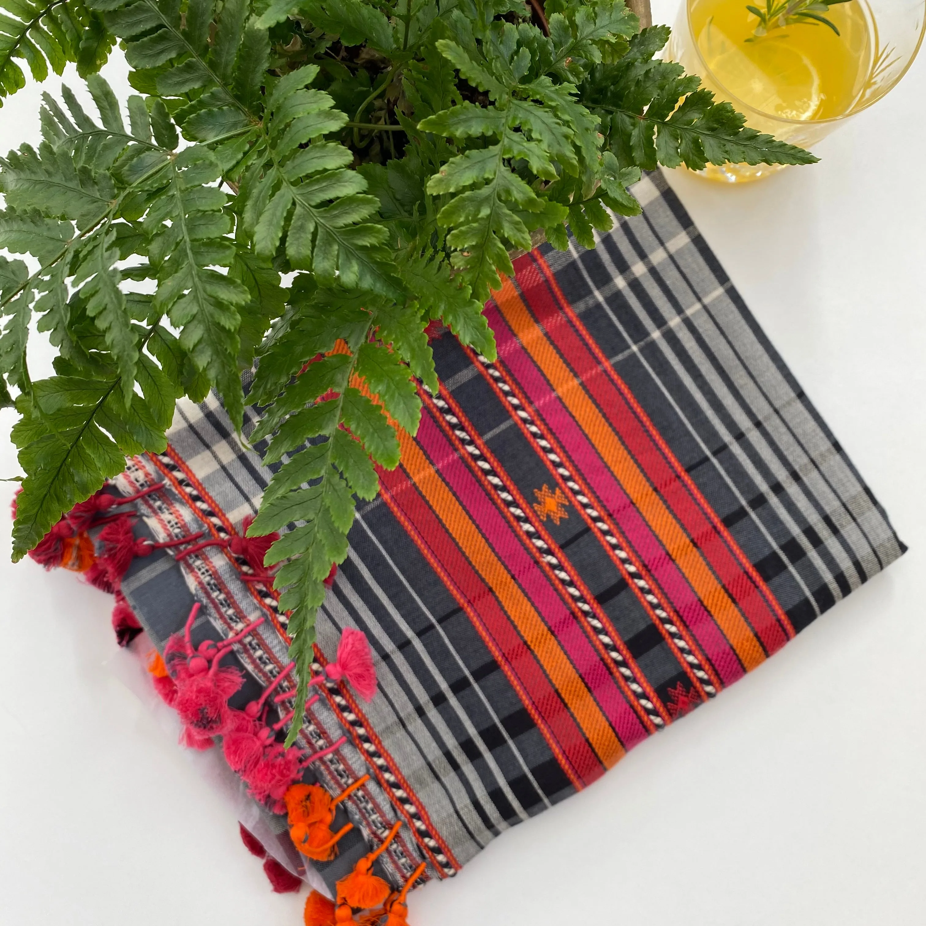 Lalji - Hand Woven Cotton Scarf - With Pom-Poms