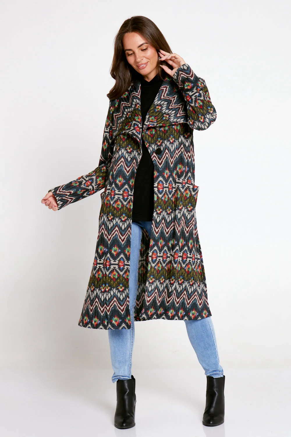 Lara Fleece Trench Coat - Navy Aztec