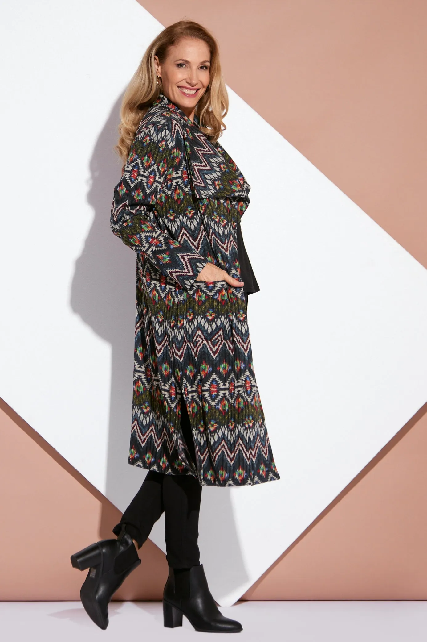 Lara Fleece Trench Coat - Navy Aztec